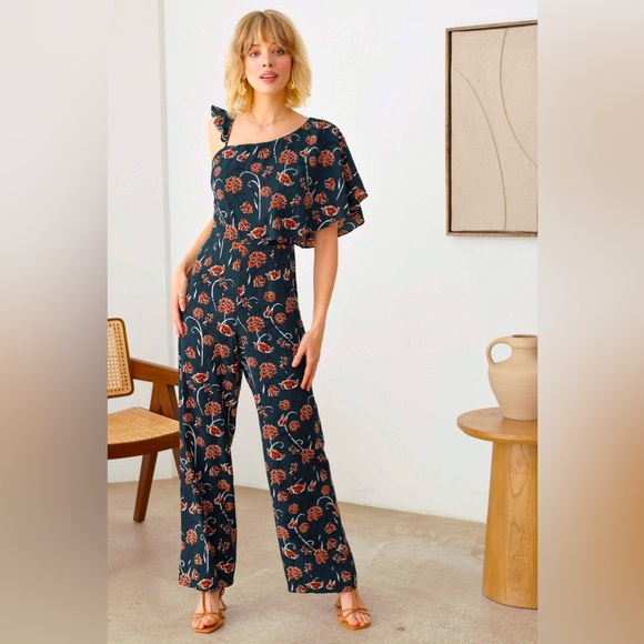 NWT-Floral Short Ruffle Sleeve Ruffle Strap Wide Leg Side Zipper Jumpsuit - Picture 1 of 7